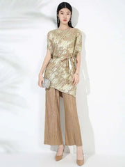 Designer Gold Pleated Tunic & Wide Leg Pant Set | HEYFANCYSTYLE