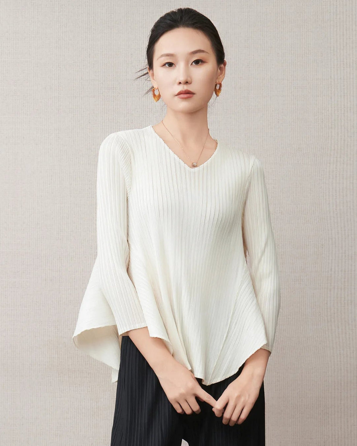 Designer Japanese Micro-Pleated V-Neck Asymmetrical Top