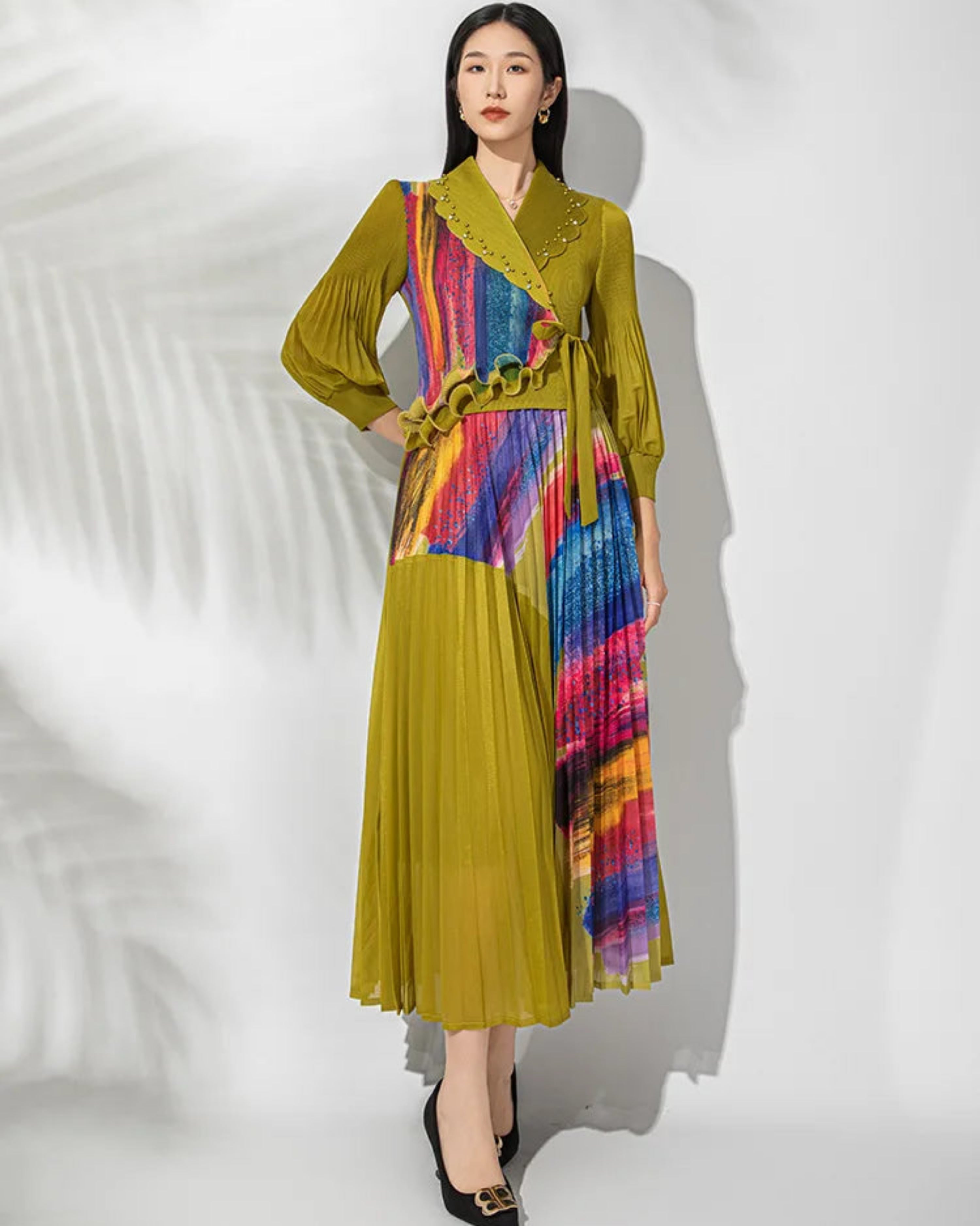 Designer Japanese Micro-Pleated Wrap Midi Dress Women's