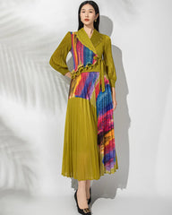 Designer Japanese Micro-Pleated Wrap Midi Dress Women's