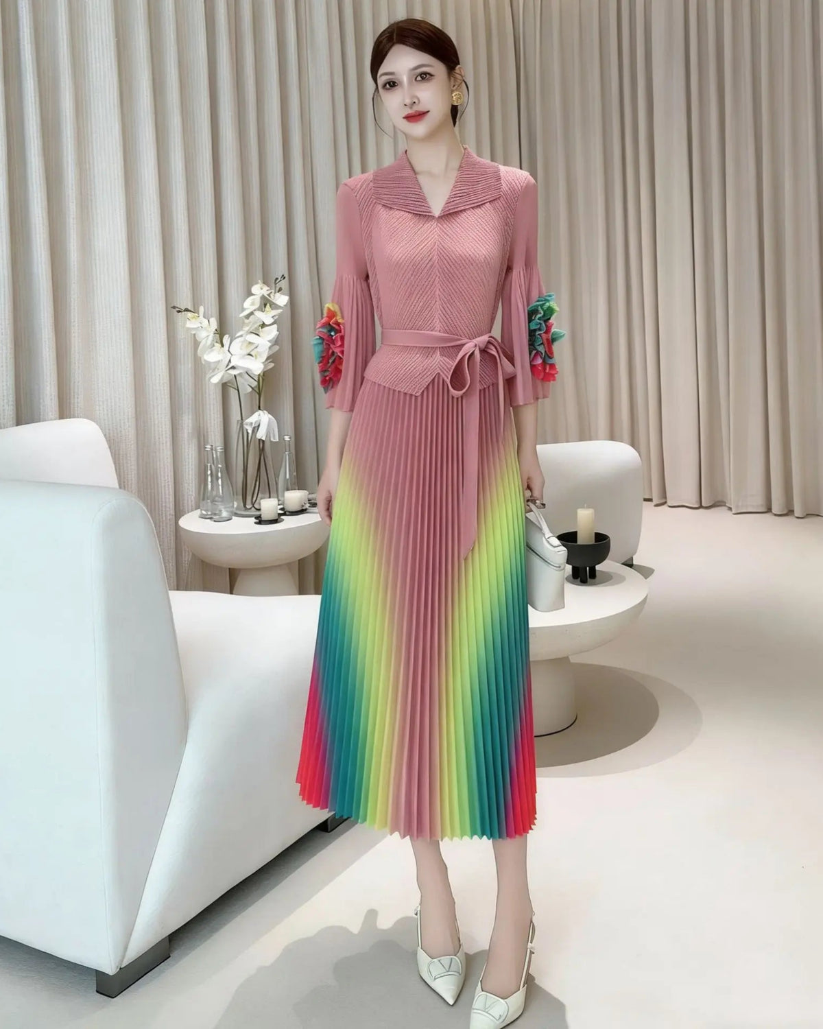 Designer Japanese Pleated Plissé Midi Dress – Three-Quarter Sleeve