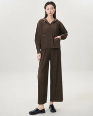 Designer Japanese Pleated Wide-Leg Pants & Hooded Top – Luxury Travel Set