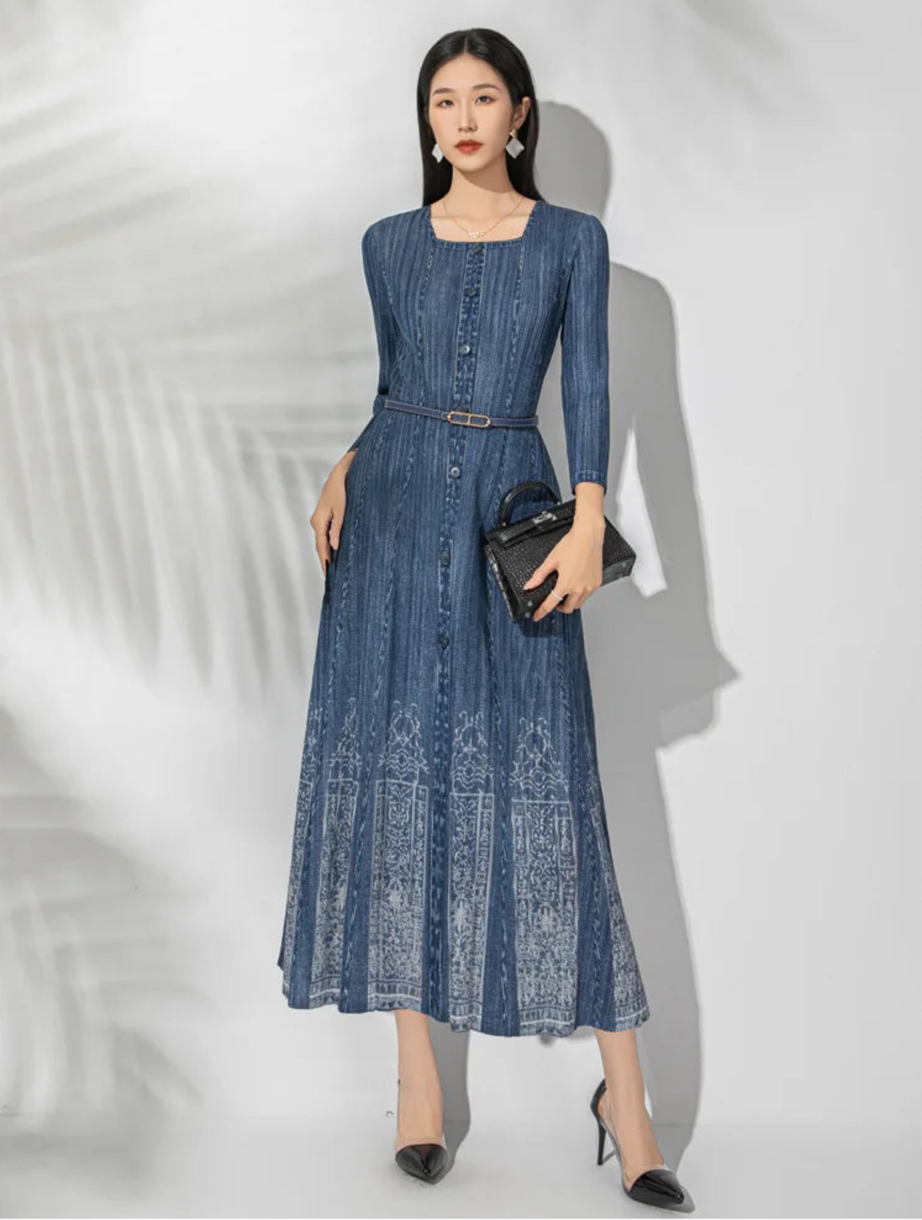 Designer Japanese Plissé Midi Dress – Structured Pleated Bodice