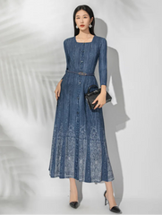 Designer Japanese Plissé Midi Dress – Structured Pleated Bodice