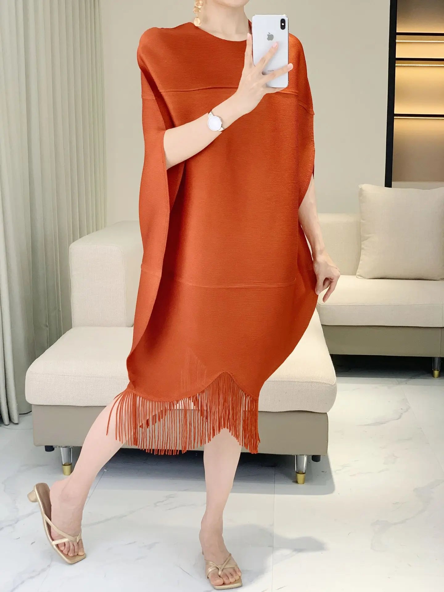 Designer Japanese Plissé Oversized Pleated Fringe Tunic Top