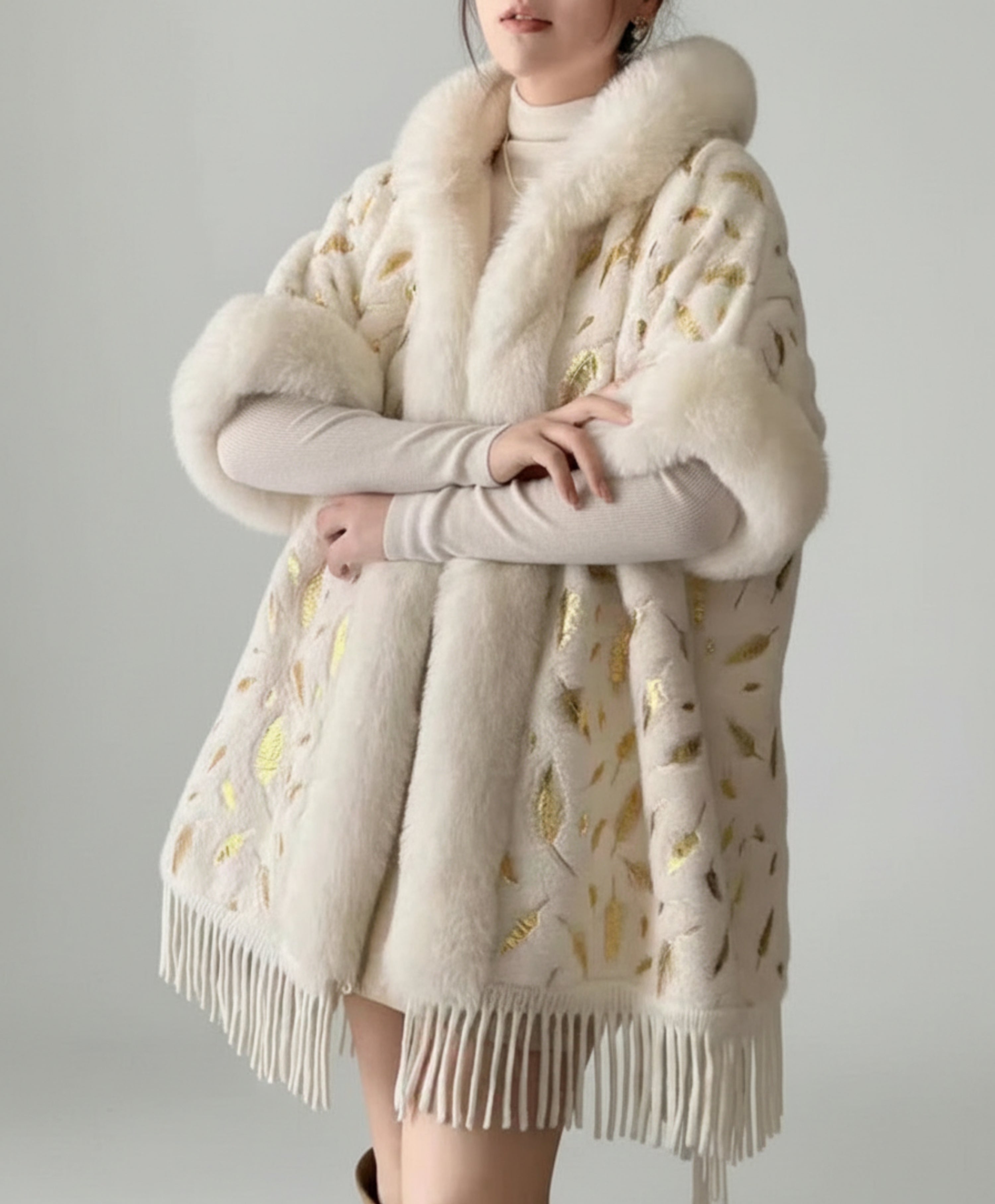 Designer Leaf-Embellished Cape – Plush Faux Fur Outerwear