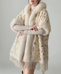 Designer Leaf-Embellished Cape – Plush Faux Fur Outerwear