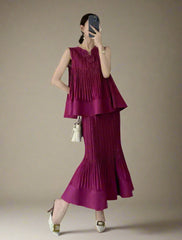 Designer Modest Japanese Pleat Pull-On Skirt Set Sleeveless | HEYFANCYSTYLE