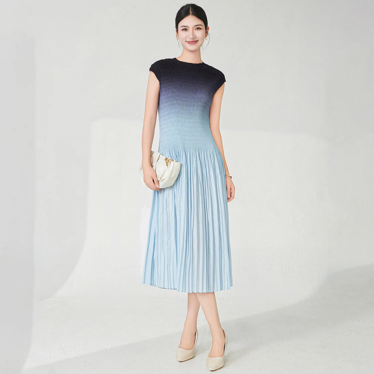 Designer Ombre Pleated Midi Dress – Evening & Gala Wear | HEYFANCYSTYLE