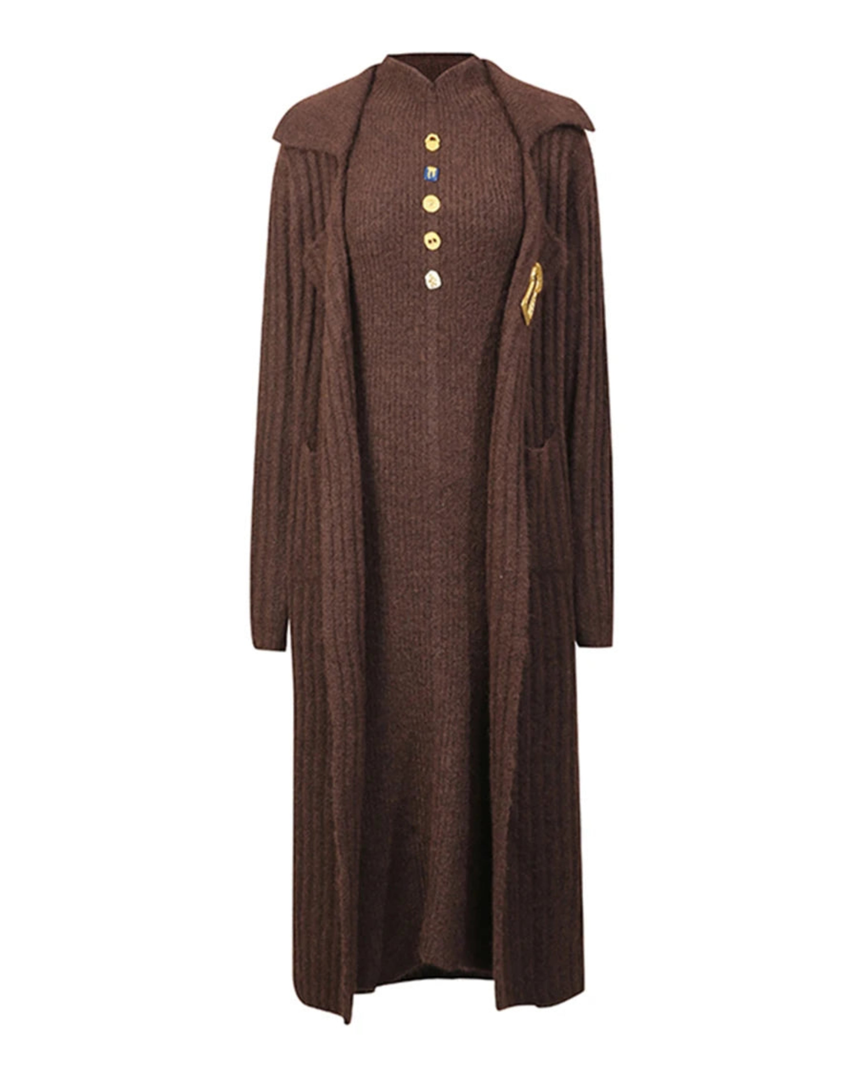 Designer Oversized Knit Ensemble – Luxury Midi Dress & Longline Cardigan