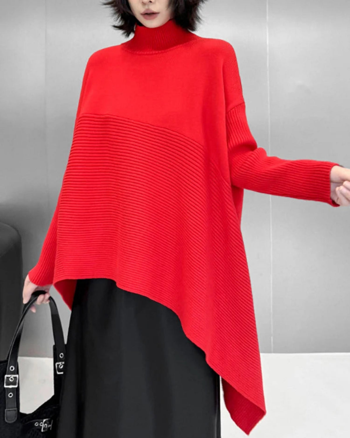 Designer Oversized Knit Turtleneck Sweater Asymmetric Hem