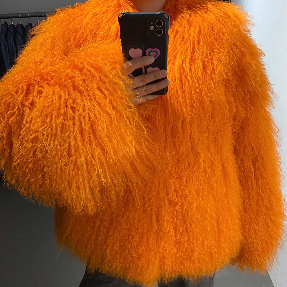 Designer Oversized Shearling Mongolian Fur Coat- Orange