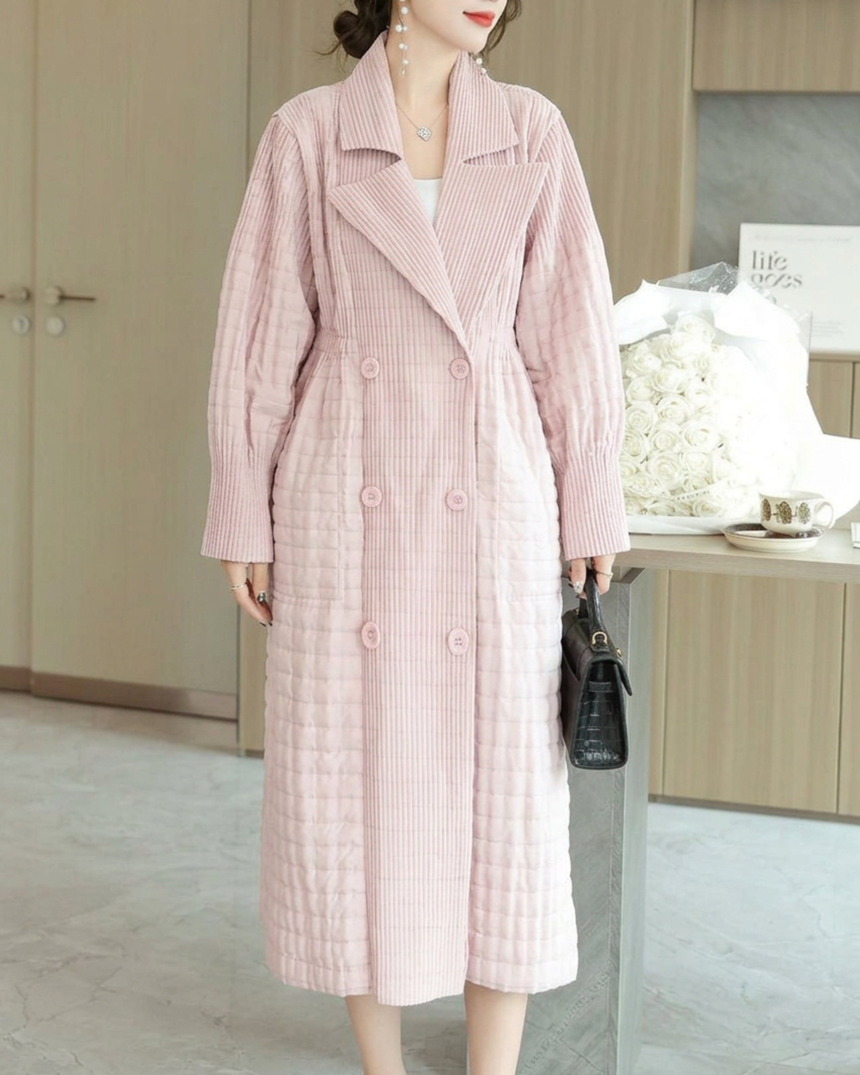 Designer Petite Plisse Padded Coat - Luxury Double-Breasted Trench