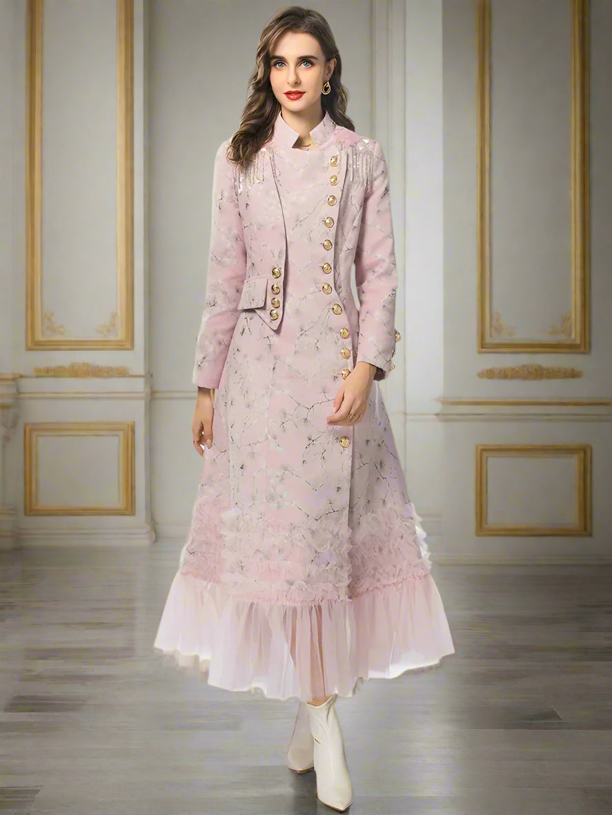 Designer Pink Jacquard Full-Length Coat With Gold Button Closure