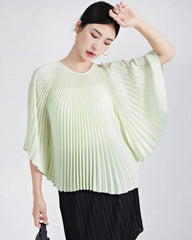 Designer Pleated Batwing Blouse - Luxury Plisse Short Sleeve Top Asian Fit