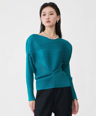 Designer Pleated Knit Asymmetric Top – Japanese Plissé Blouse for Office, Dinner & Travel