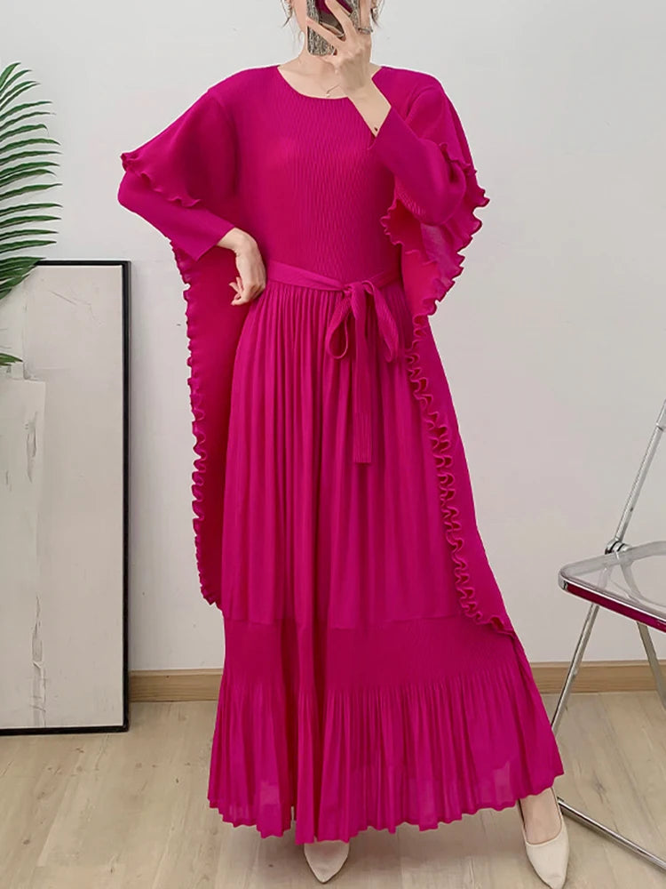 Designer Pleated Maxi Dress - Ruffle Detail - Wedding Guest - Red