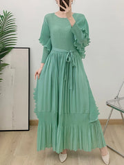 Designer Pleated Maxi Dress - Ruffle Detail - Wedding Guest