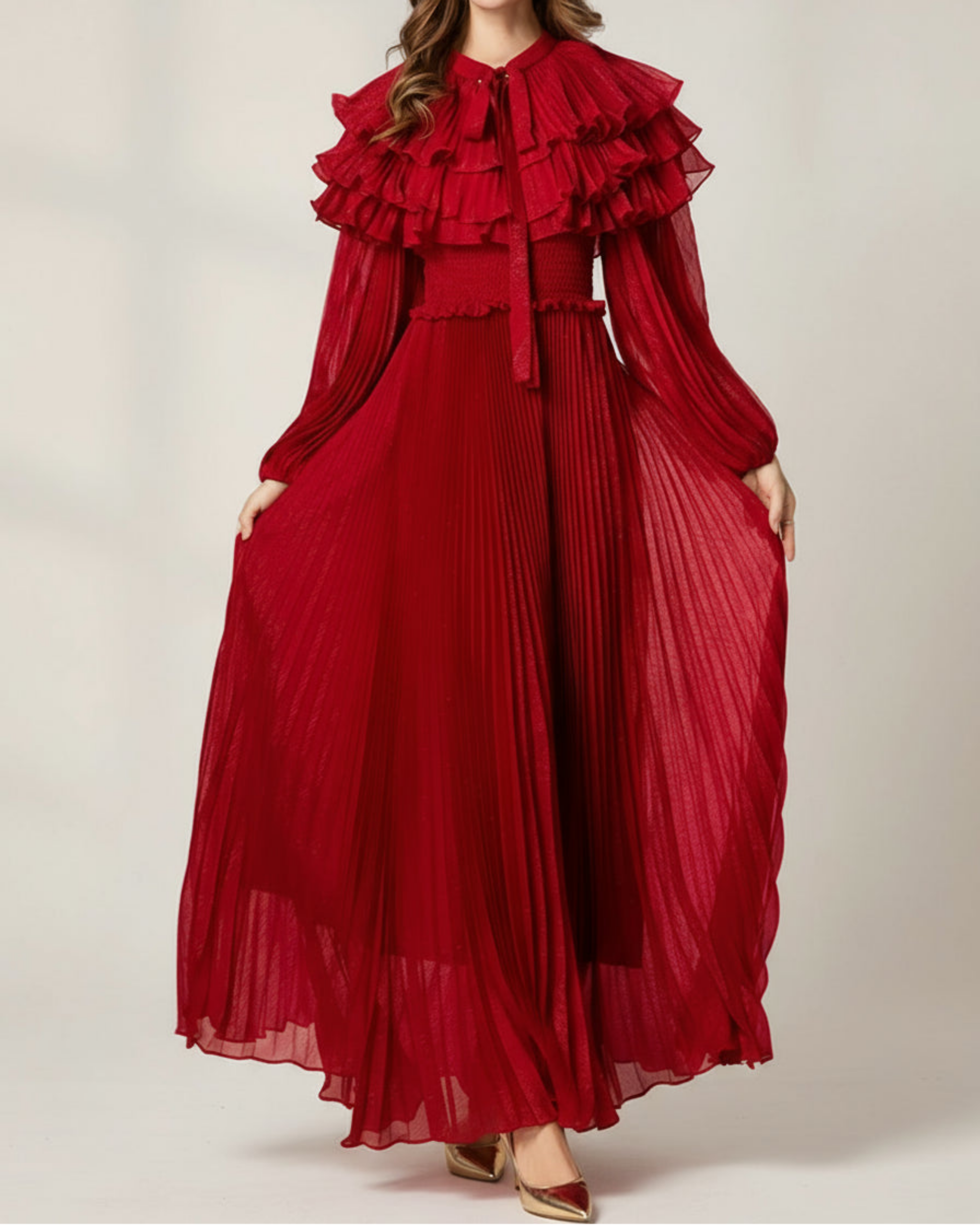 Designer Pleated Maxi Dress – High Neck and Sheer Long Sleeves
