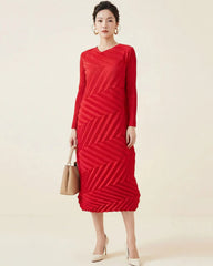 Designer Pleated Midi Dress Long Sleeve Geometric Texture