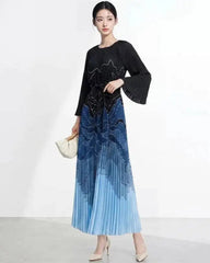 Designer Pleated Plisse Midi Dress Women – Accordion Texture Ombre Petite Asian Fit