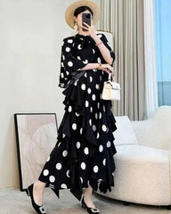 Luxe Pleated Polka Dot Dress
