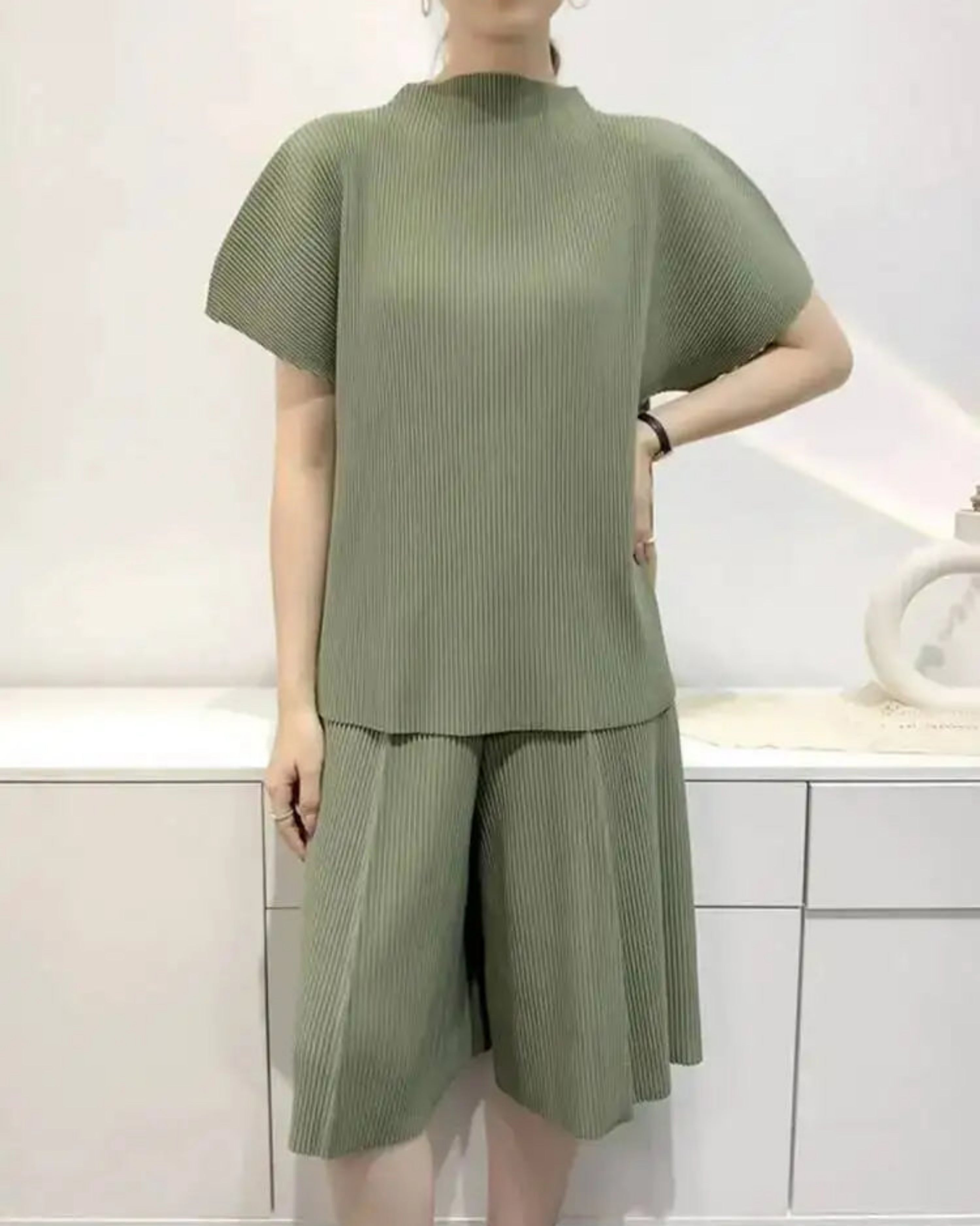 Designer Pleated Shorts Set - Petite Formal Plisse Travel Two Piece