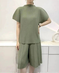 Designer Pleated Shorts Set - Petite Formal Plisse Travel Two Piece
