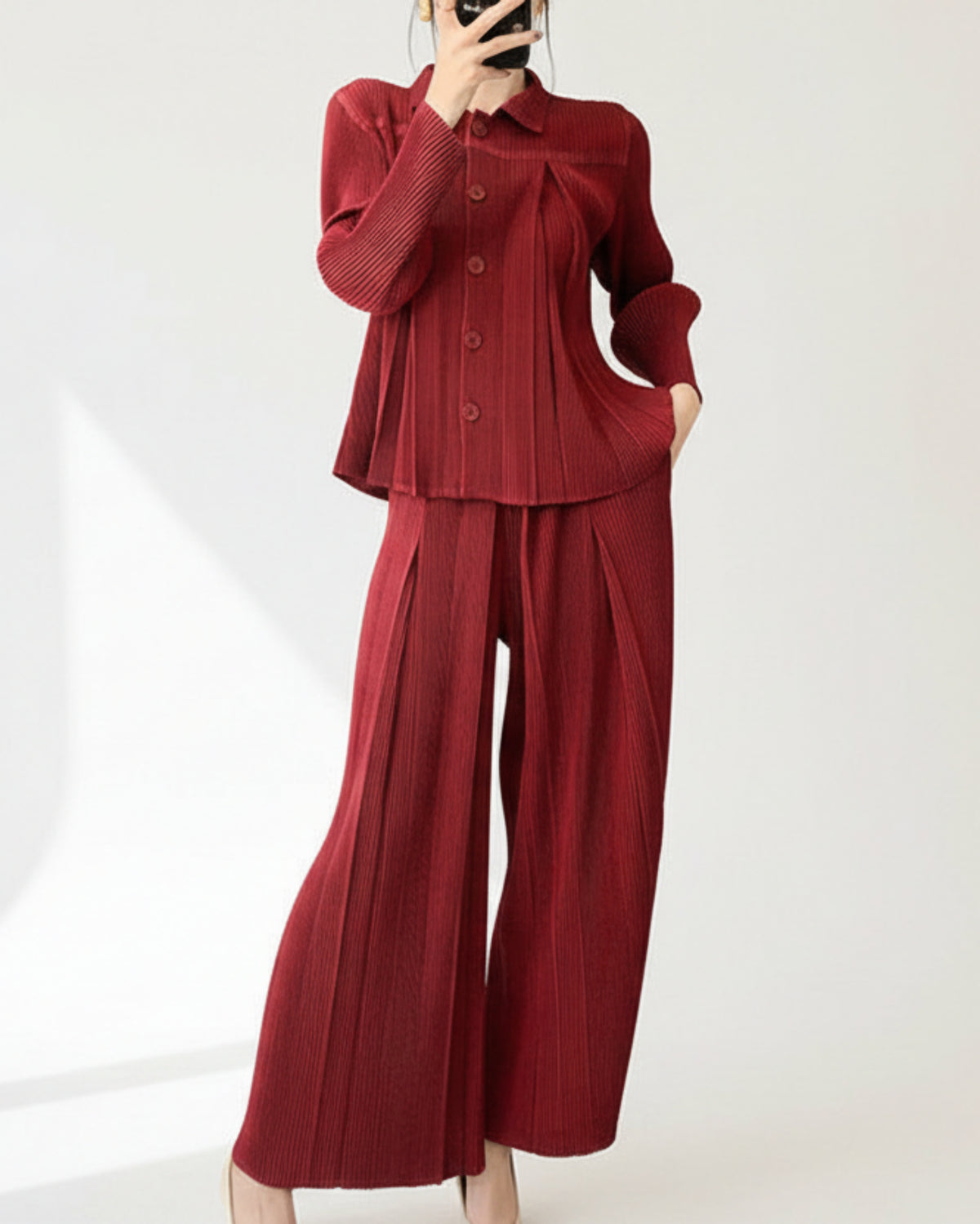 Designer Pleats Micro-Pleated Blouse & Wide-Leg Trousers Set | Japanese Plisse