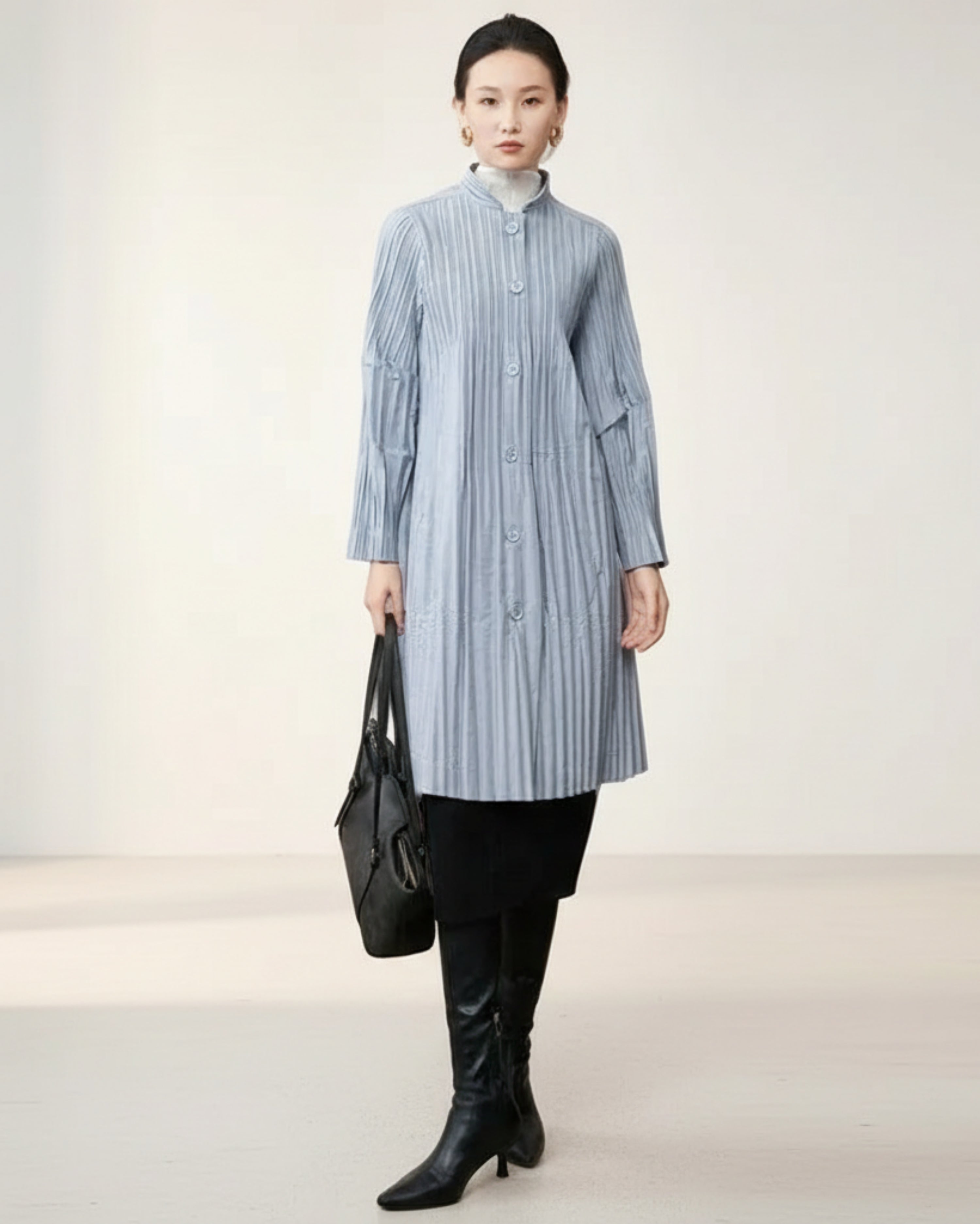 Designer Pleats Plissé Longline Shirt Jacket