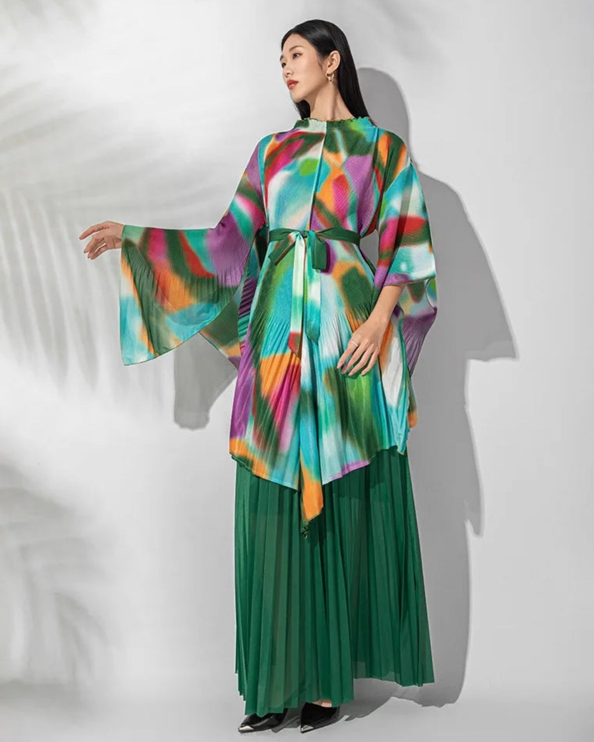 Designer Pleats Plissé Travel Formal Asymmetrical Tunic And Skirt Set