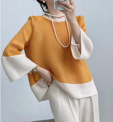 Designer Plissé 3/4 Sleeve Top – Japanese Round Neck Pleat Blouse | HEYFANCYSTYLE