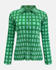 Designer Plissé Grid Blouse | Geometric Textured Long-Sleeve Shirt | Luxury Architectural Vertical Pleat Top