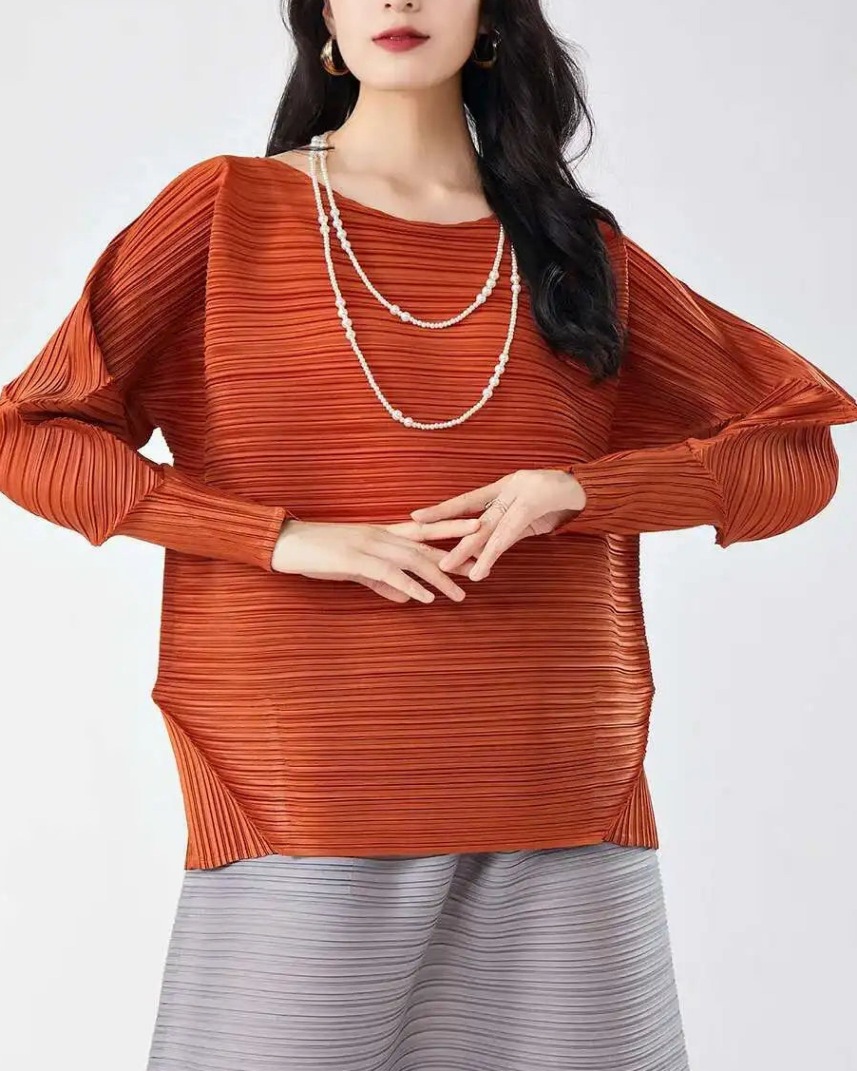 Designer Plissé Long-Sleeve Top – Elegant Japanese-Inspired Pleated Knit | HEYFANCYSTYLE