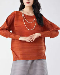 Designer Plissé Long-Sleeve Top – Elegant Japanese-Inspired Pleated Knit | HEYFANCYSTYLE