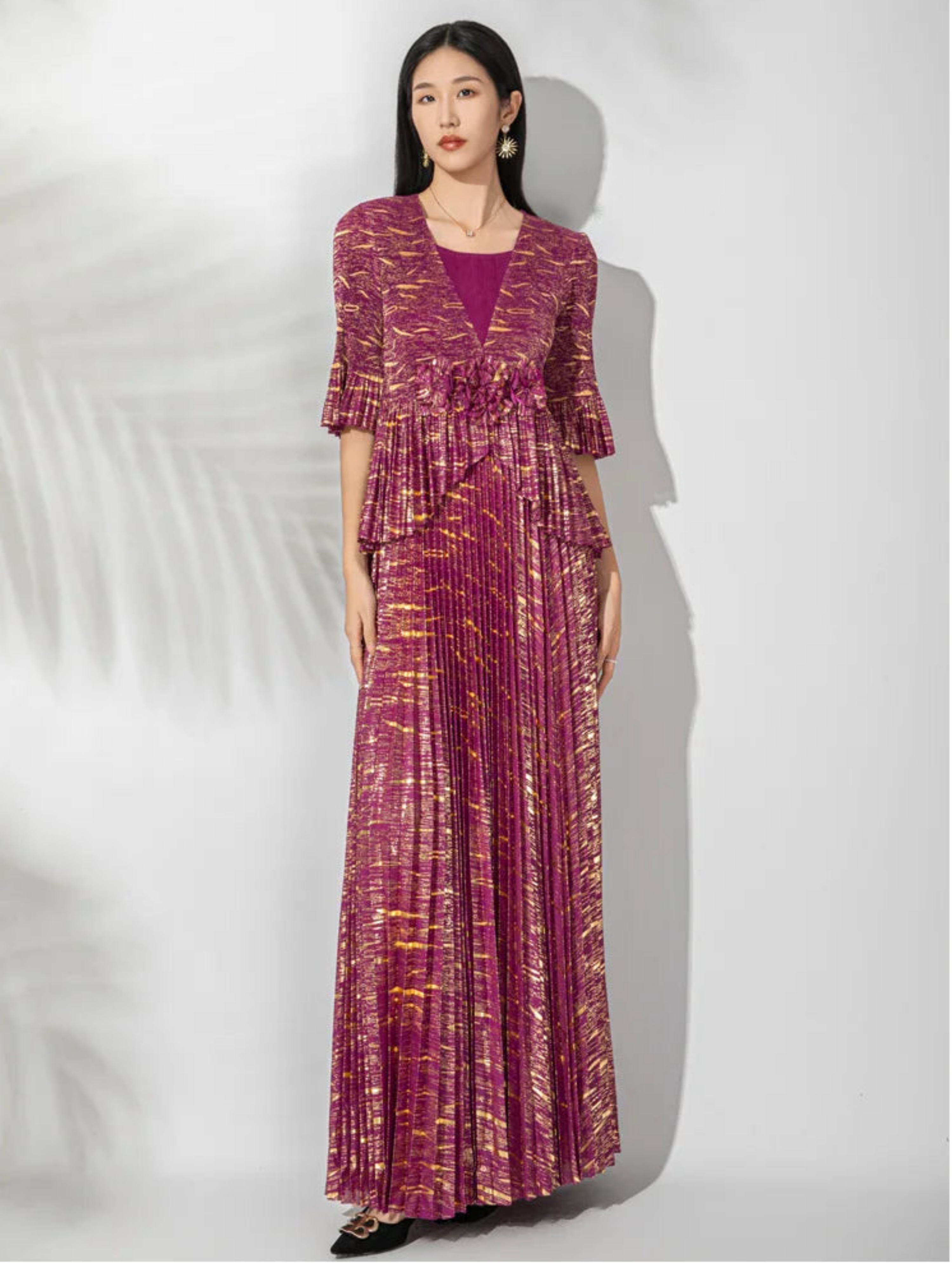 Designer Plissé Micro-Pleated Midi Dress – Three-Quarter Flared Sleeves