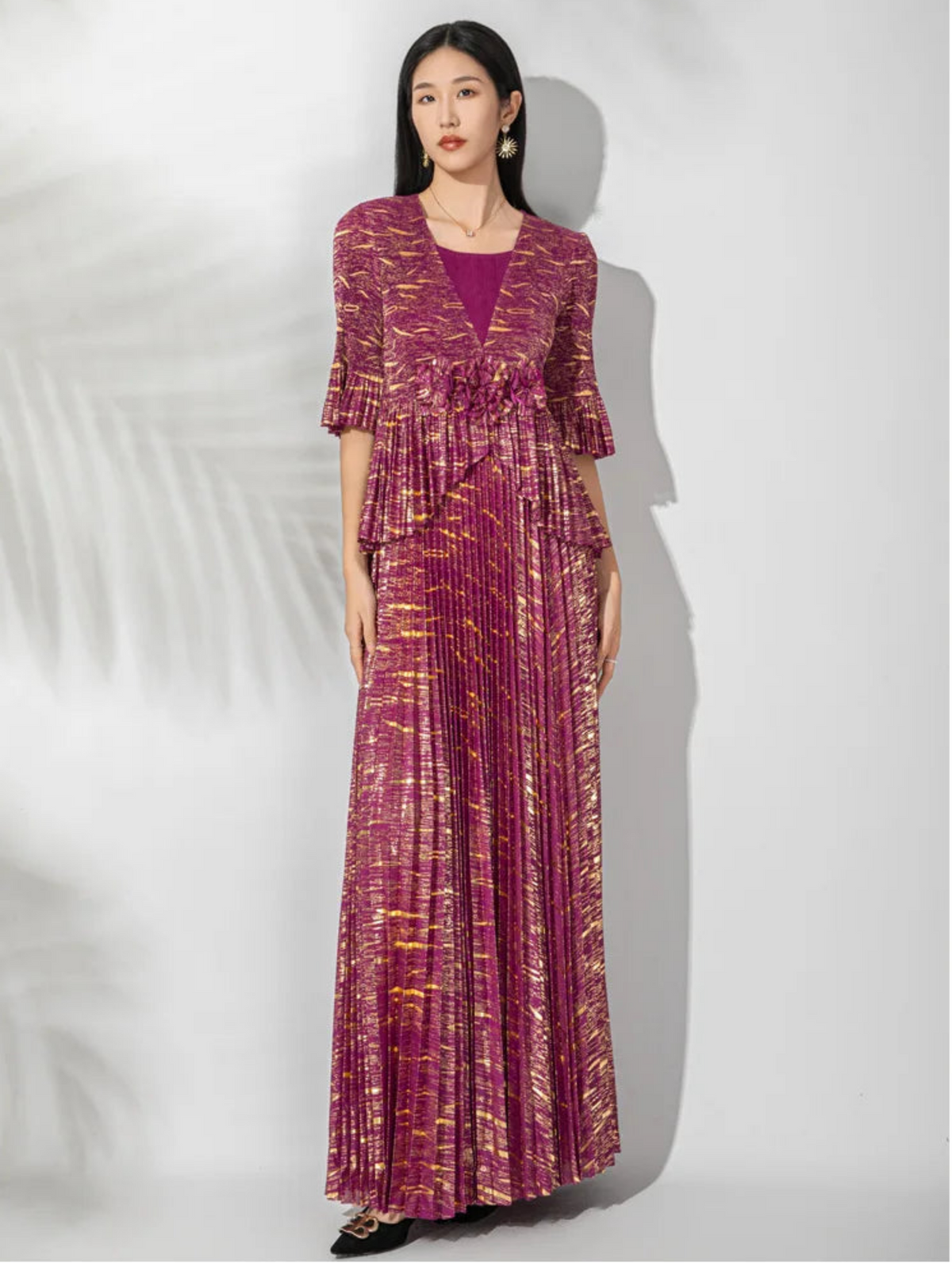 Designer Plissé Micro-Pleated Midi Dress – Three-Quarter Flared Sleeves