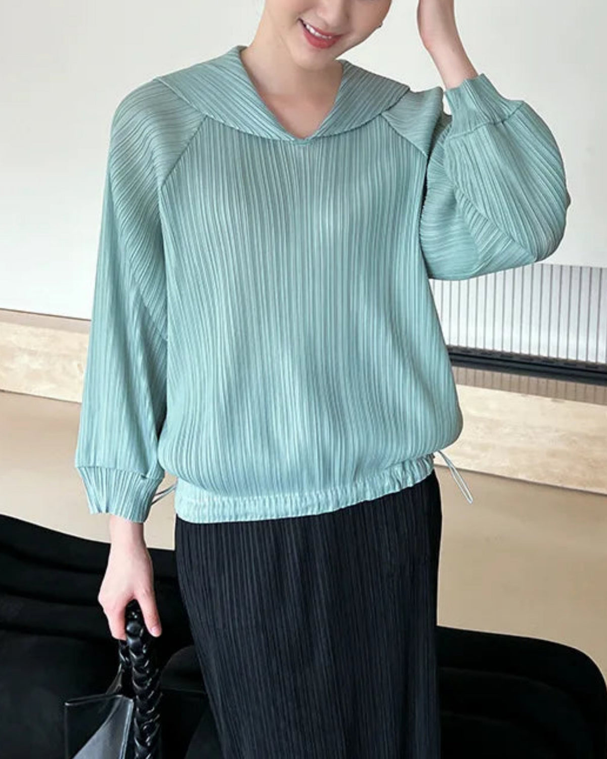 Designer Plissé Pleated Cowl-Back Top