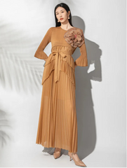 Designer Plissé Pleated Midi Dress with Statement Flower