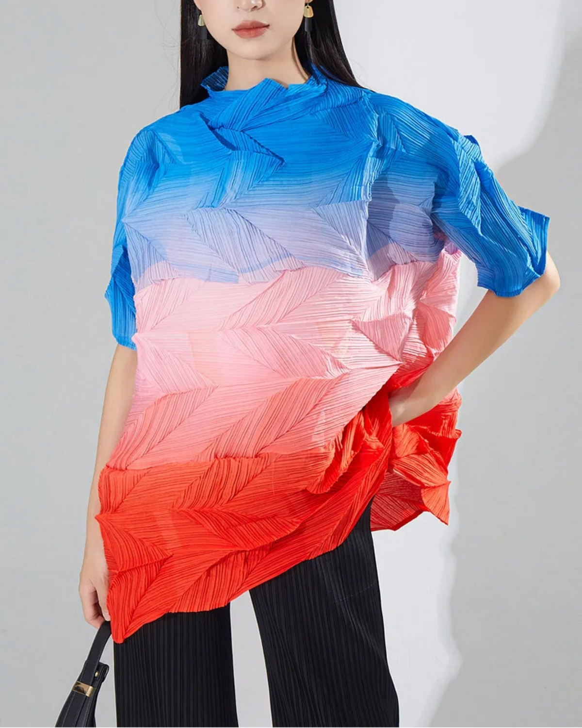 Designer Plissé Pleats Pleated Gradient Top – Mock Neck & Asymmetric