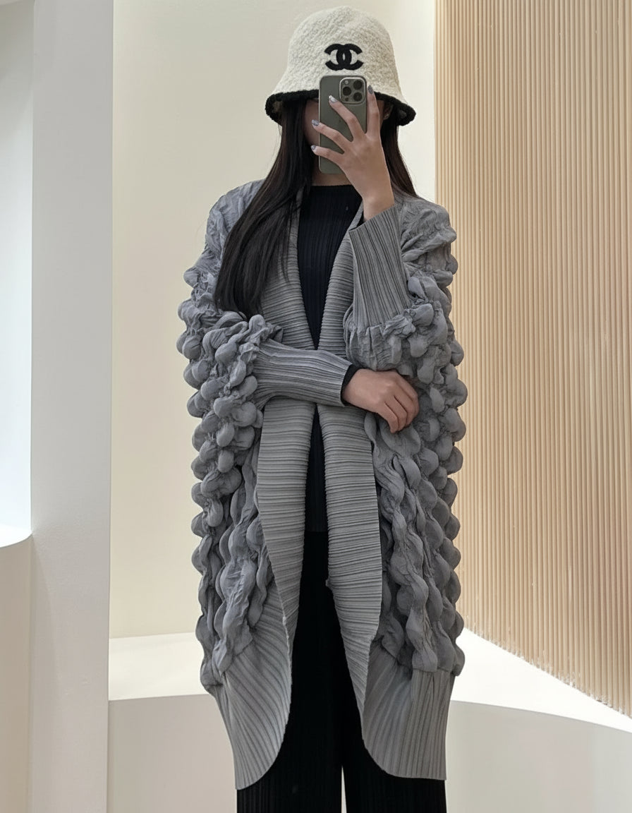 Designer Plissé Pleats Pleated Longline Cardigan Coat – Bubble Sleeve