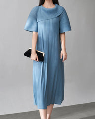 Designer Plissé Pleats Pleated Midi Dress – Balloon Short Sleeve