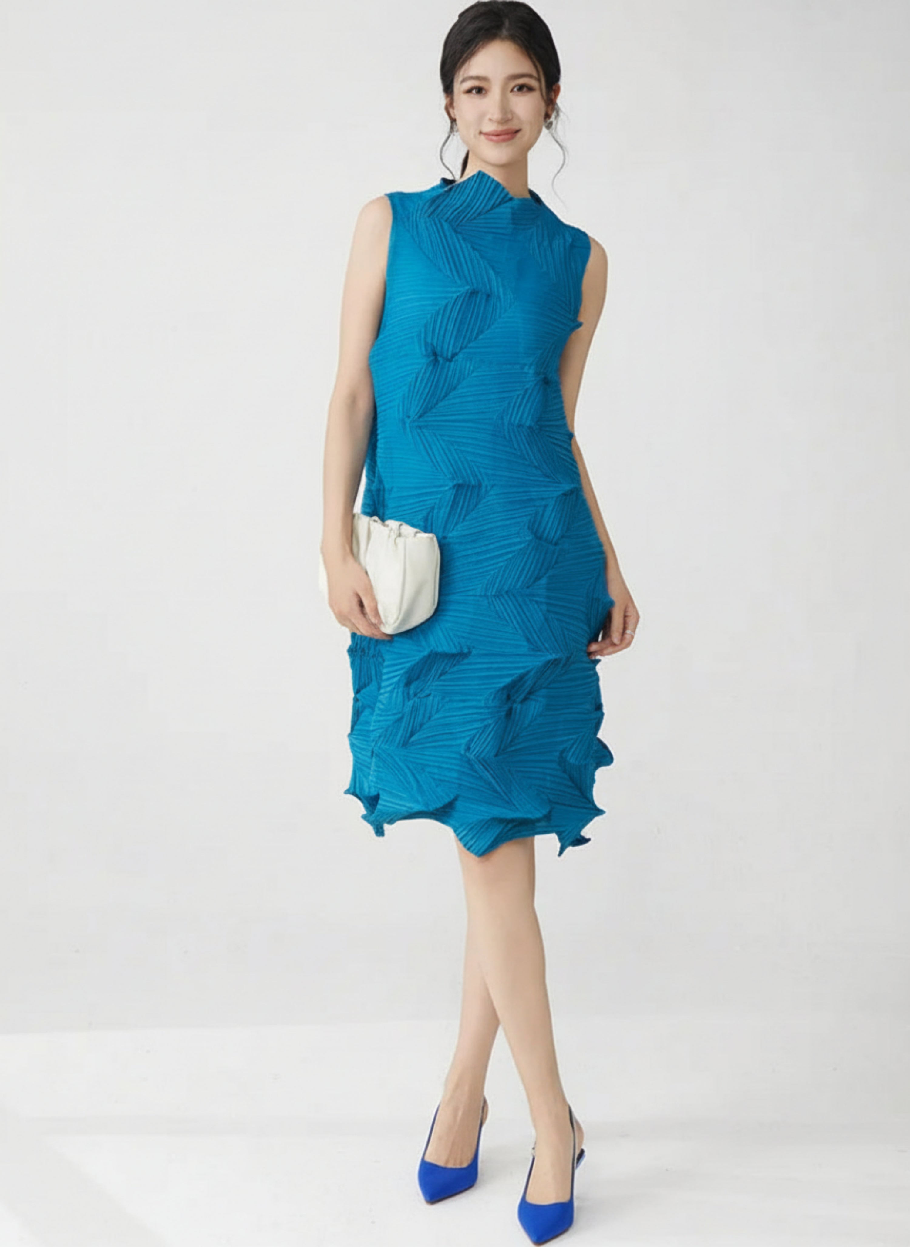 Designer Plissé Pleats Pleated Sleeveless Above-Knee Dress