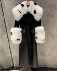 Designer Sheepskin Trench Coat with Luxury Real Fox Fur Trim, Premium Genuine Shearling Long Line Winter Overcoat for Women