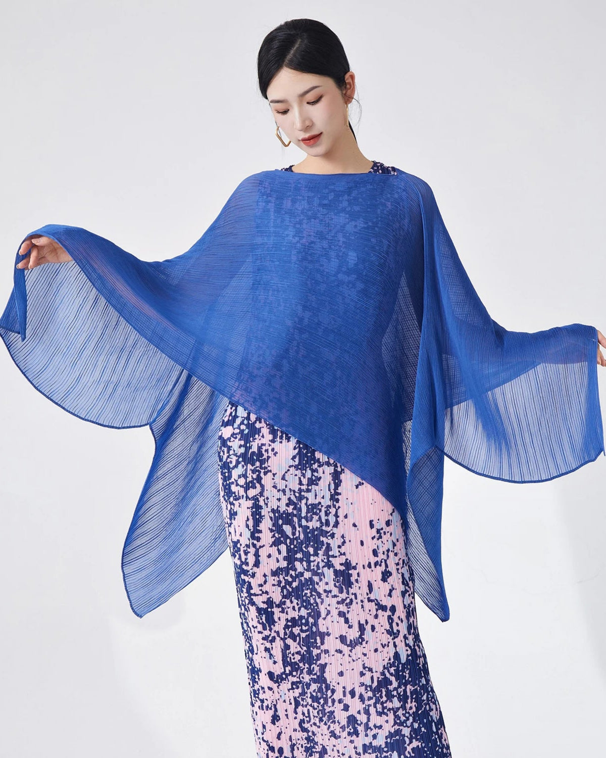 Designer Sheer Plissé Pleats Wrap Shawl Cape