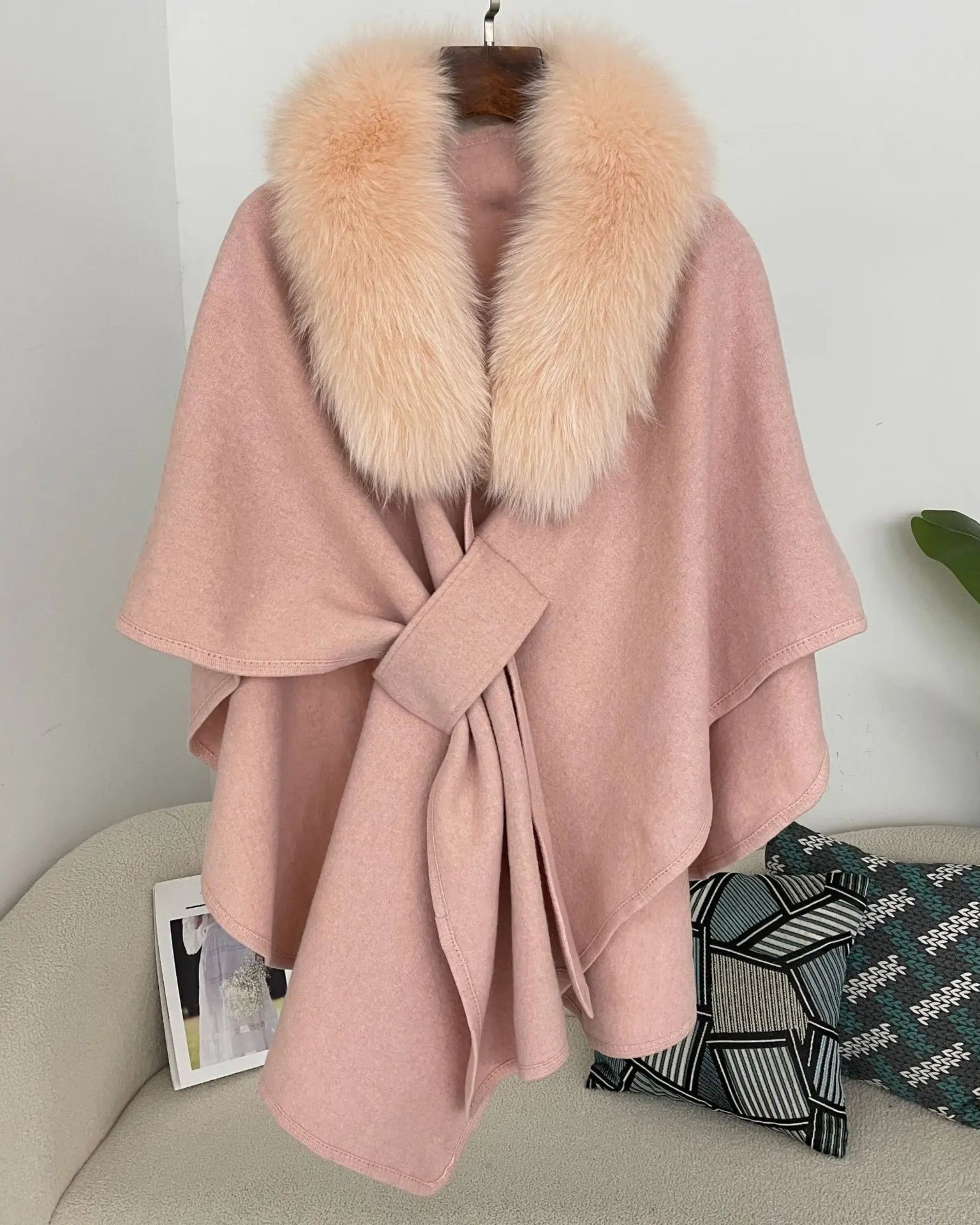 Designer Wool-Blend Cape Poncho – Luxury Vegan Fur-Trimmed Outerwear