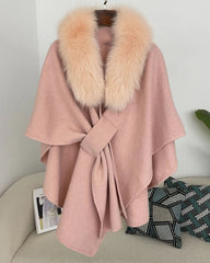 Designer Wool-Blend Cape Poncho – Luxury Vegan Fur-Trimmed Outerwear
