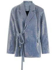 Designer Wrap Blazer – Shimmering Geometric Detailing