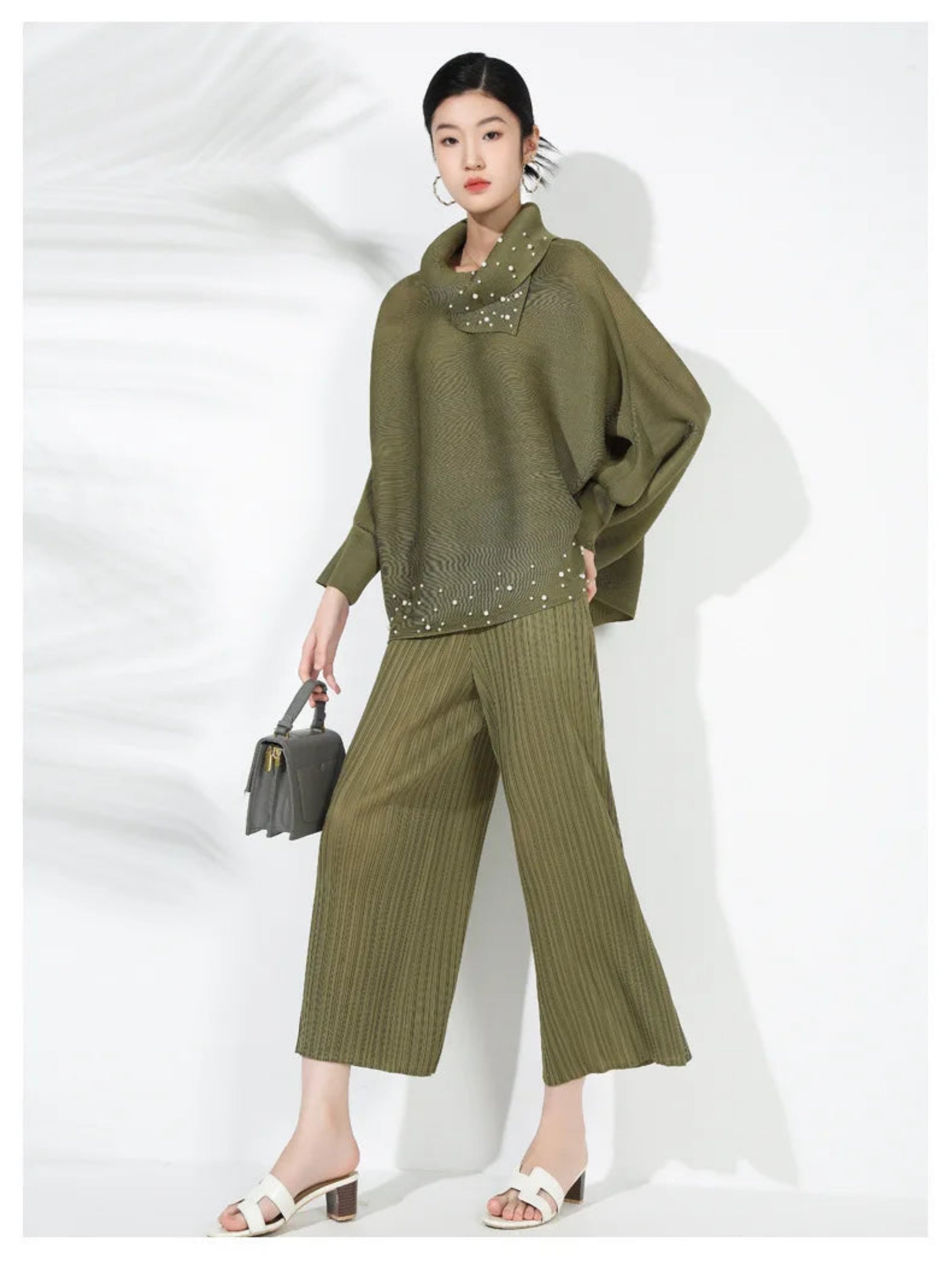 Elegant Beaded Plissé Pleated Sweater & Pant Set HEYFANCYSTYLE