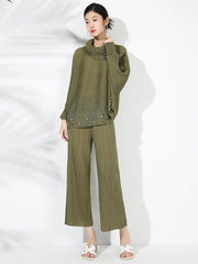 Elegant Beaded Plissé Pleated Sweater & Pant Set HEYFANCYSTYLE - Green